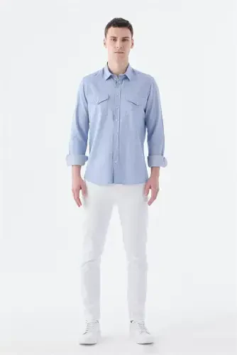 Blue Comfort Fit Pocket Button-Down 100% Cotton Denim Shirt - Modazone (1)