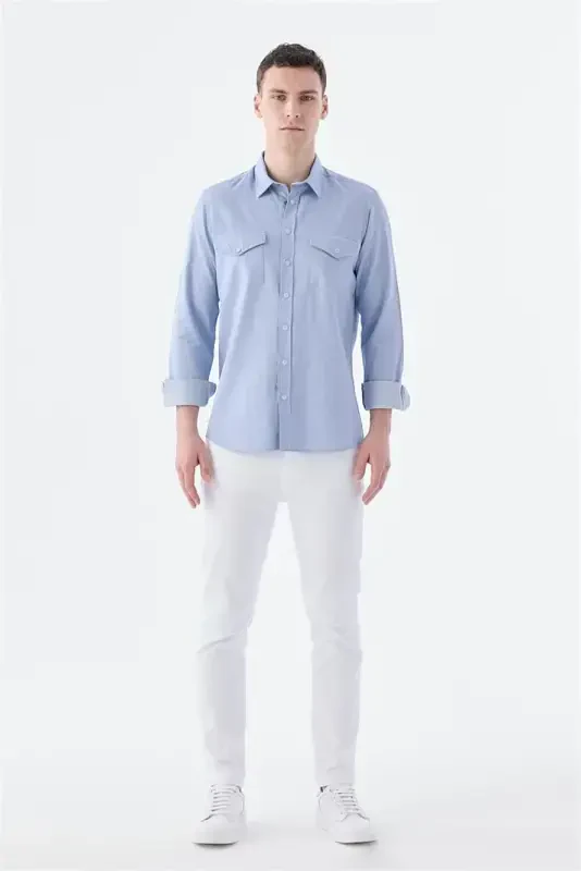 Blue Comfort Fit Pocket Button-Down 100% Cotton Denim Shirt - 2