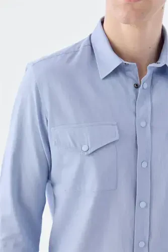 Blue Comfort Fit Pocket Button-Down 100% Cotton Denim Shirt - 3