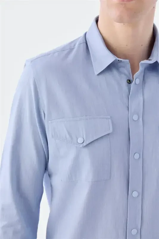 Blue Comfort Fit Pocket Button-Down 100% Cotton Denim Shirt - 3