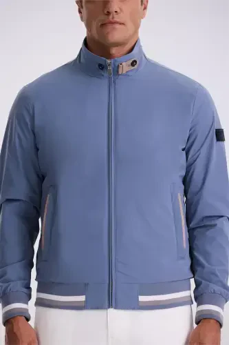 Blue Comfort Fit Stand-Up Collar Loose Fit All-Season Jacket - 4