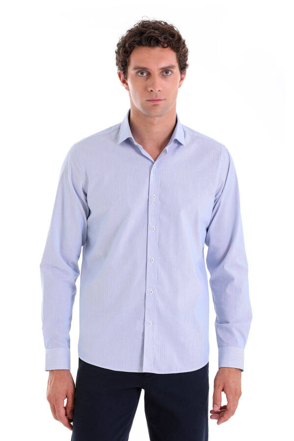 Blue Comfort Fit Striped 100% Cotton Slim Collar Long - 1