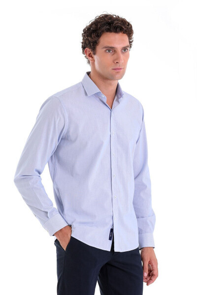 Blue Comfort Fit Striped 100% Cotton Slim Collar Long - HATEMOĞLU (1)