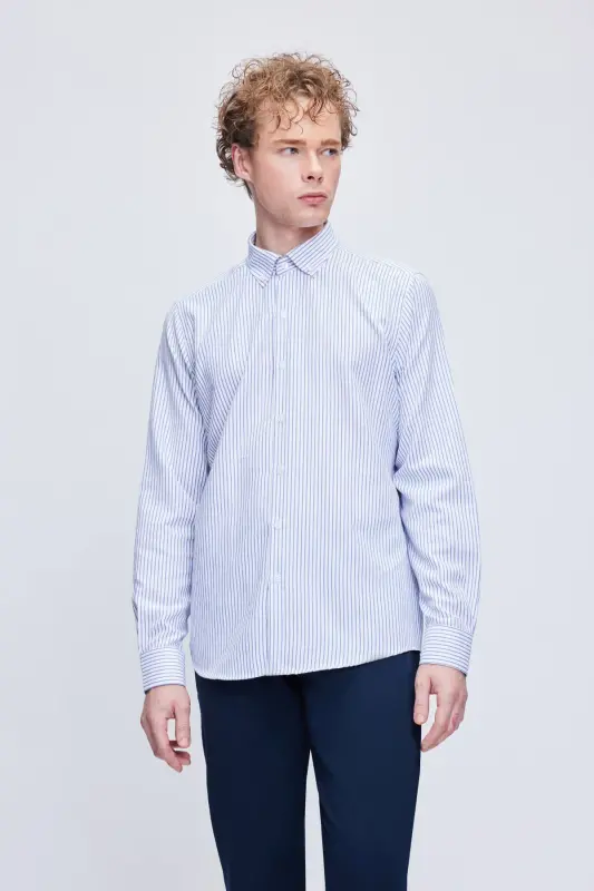 Blue Comfort Fit Striped Cotton Button-Down Long Sleeve - HATEMOĞLU