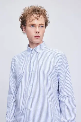 Blue Comfort Fit Striped Cotton Button-Down Long Sleeve - 3