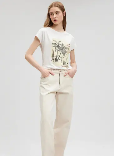 Blue Crew Neck Ecru Women's T-Shirt M1612412-70057-PALM TREE PRINTED T-SHIRT - MAVI (1)