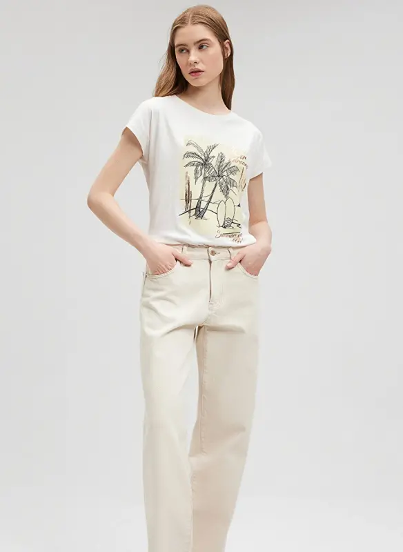 Blue Crew Neck Ecru Women's T-Shirt M1612412-70057-PALM TREE PRINTED T-SHIRT - 2