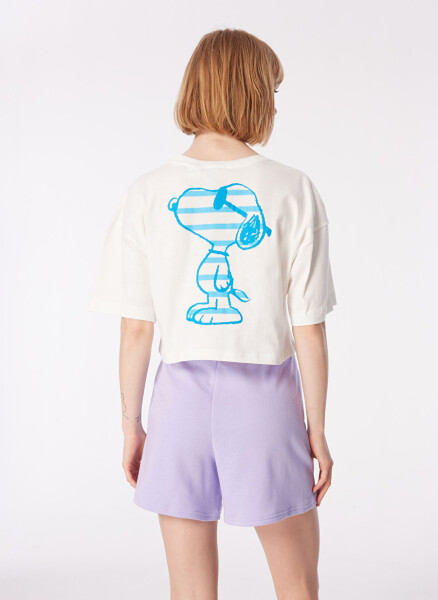 Blue Crew Neck Ecru Women's T-Shirt M1612480-70057-SNOOPY PRINTED T-SHIRT - 12