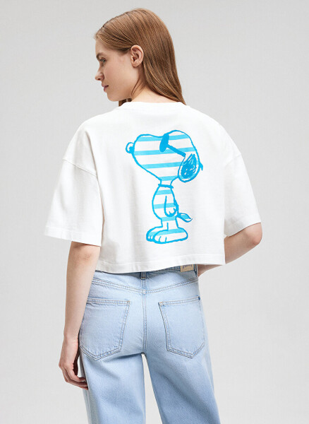 Blue Crew Neck Ecru Women's T-Shirt M1612480-70057-SNOOPY PRINTED T-SHIRT - 16