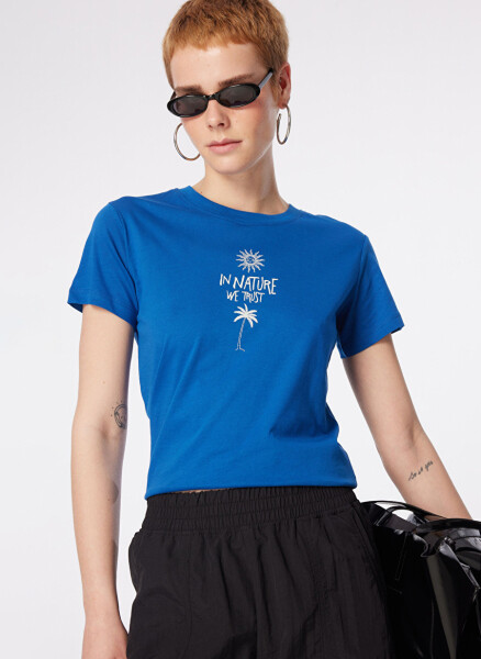 Blue Crew Neck, Graphic Printed Women's T-Shirt - 3