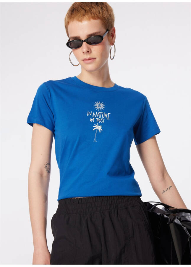 Blue Crew Neck, Graphic Printed Women's T-Shirt - 11