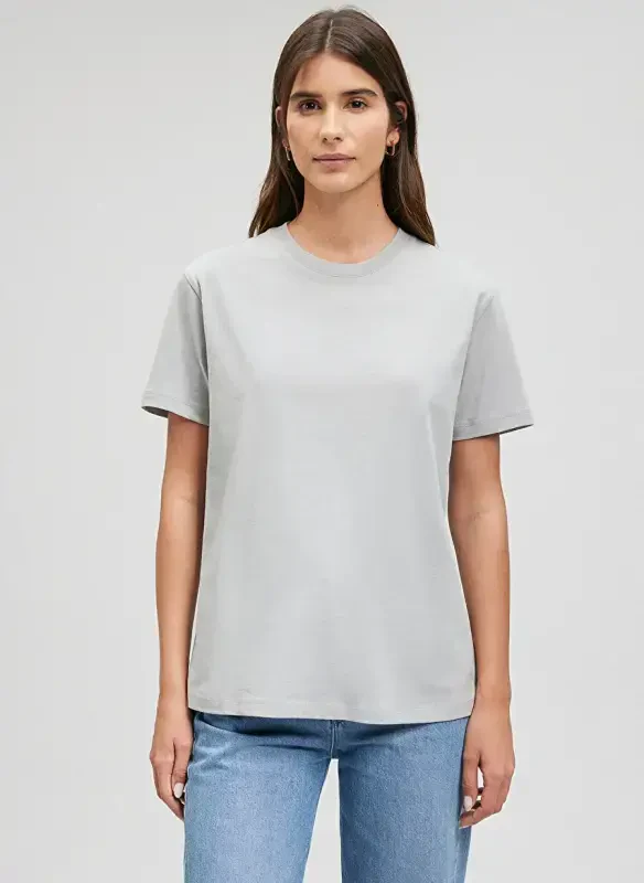 Blue Crew Neck Gray Women's T-Shirt M1600965-70075-BASIC SHORT SLEEVE T - 3
