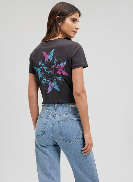 Blue Crew Neck Gray Women's T-Shirt M1612391-70087-BUTTERFLY PRINTED T-SHIRT - 7