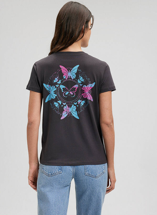 Blue Crew Neck Gray Women's T-Shirt M1612391-70087-BUTTERFLY PRINTED T-SHIRT - 10