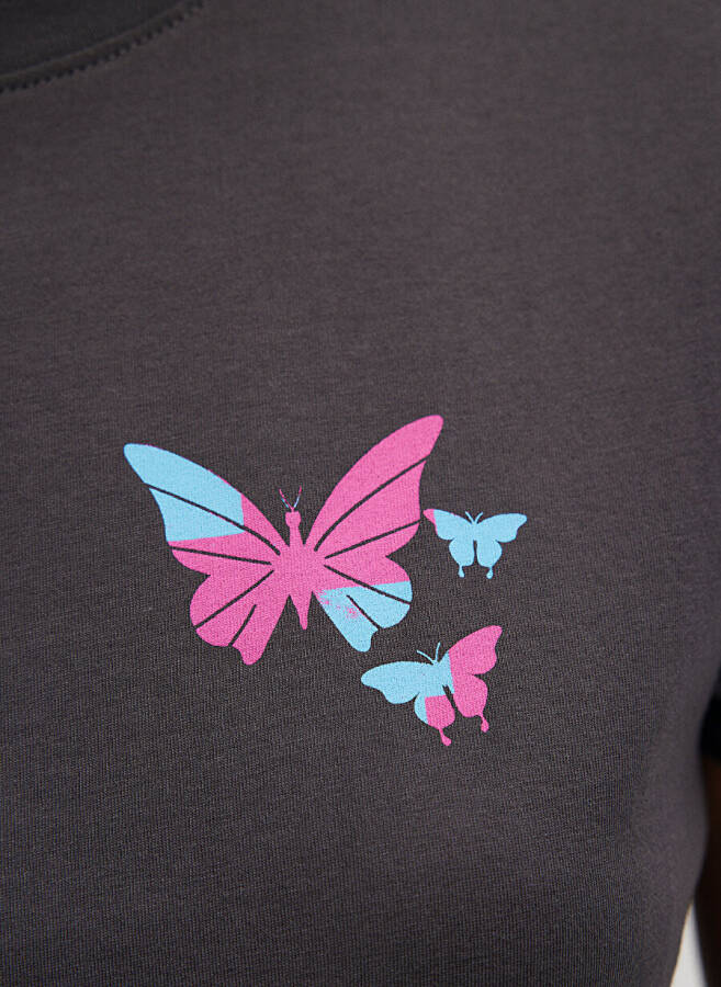 Blue Crew Neck Gray Women's T-Shirt M1612391-70087-BUTTERFLY PRINTED T-SHIRT - 12