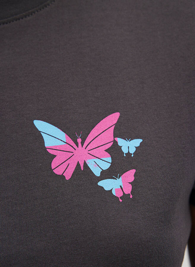 Blue Crew Neck Gray Women's T-Shirt M1612391-70087-BUTTERFLY PRINTED T-SHIRT - 6