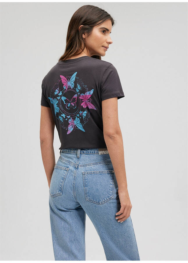 Blue Crew Neck Gray Women's T-Shirt M1612391-70087-BUTTERFLY PRINTED T-SHIRT - 13