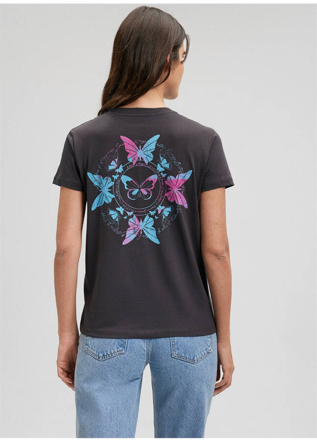 Blue Crew Neck Gray Women's T-Shirt M1612391-70087-BUTTERFLY PRINTED T-SHIRT - 16