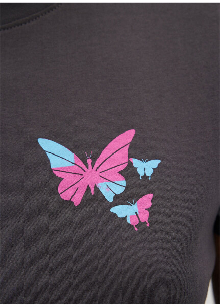 Blue Crew Neck Gray Women's T-Shirt M1612391-70087-BUTTERFLY PRINTED T-SHIRT - 18