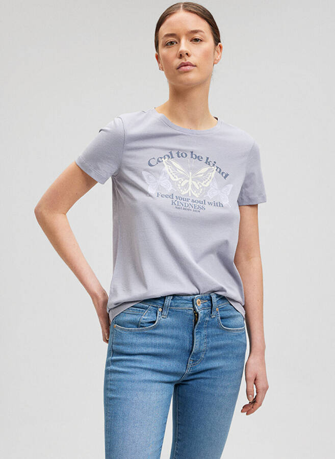 Blue Crew Neck Grey Women's T-Shirt M1612386-87113-BUTTERFLY PRINTED T-SHIRT - 8