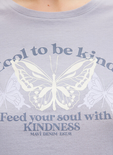 Blue Crew Neck Grey Women's T-Shirt M1612386-87113-BUTTERFLY PRINTED T-SHIRT - 6