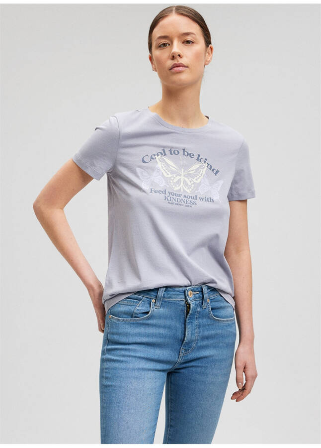 Blue Crew Neck Grey Women's T-Shirt M1612386-87113-BUTTERFLY PRINTED T-SHIRT - 14