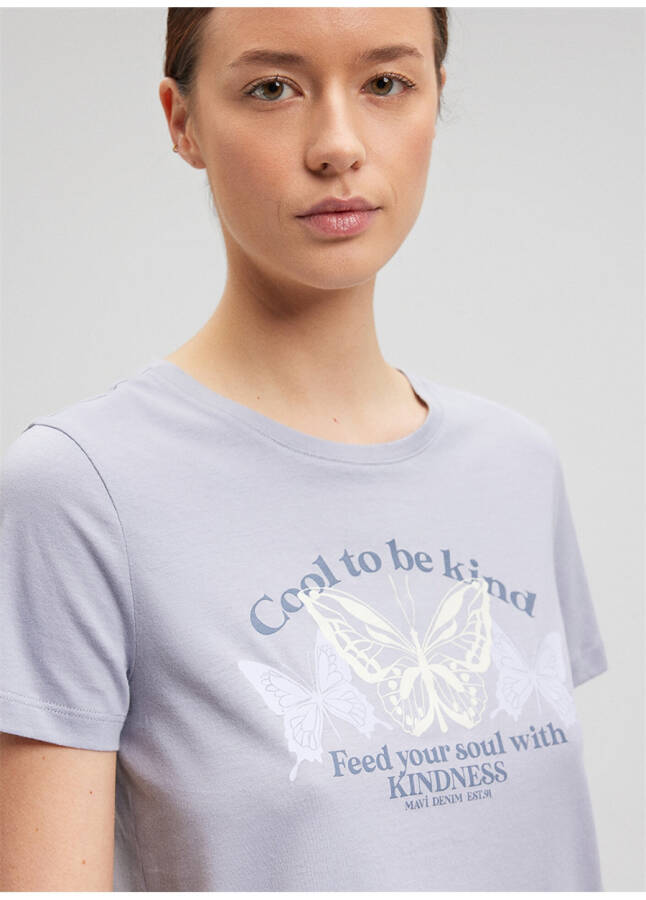 Blue Crew Neck Grey Women's T-Shirt M1612386-87113-BUTTERFLY PRINTED T-SHIRT - 17