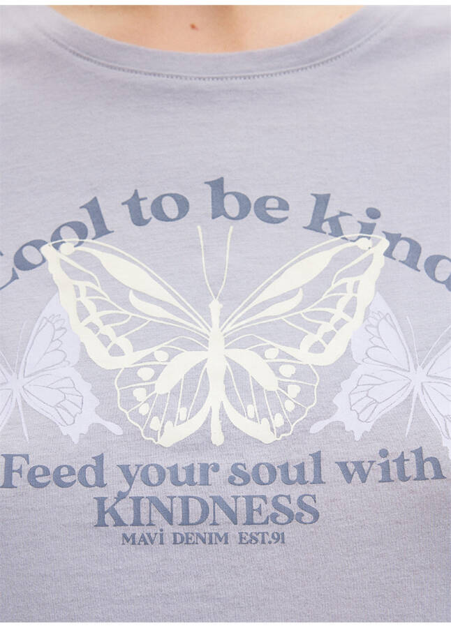 Blue Crew Neck Grey Women's T-Shirt M1612386-87113-BUTTERFLY PRINTED T-SHIRT - 18