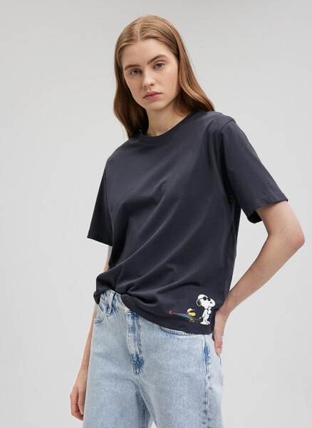 Blue Crew Neck Grey Women's T-Shirt M1612531-70087-SNOOPY PRINTED T-SHIRT - 2