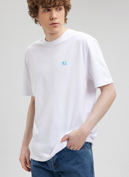 Blue crew neck, plain white men's T-shirt (Short Sleeve) - 1