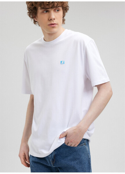 Blue crew neck, plain white men's T-shirt (Short Sleeve) - 7