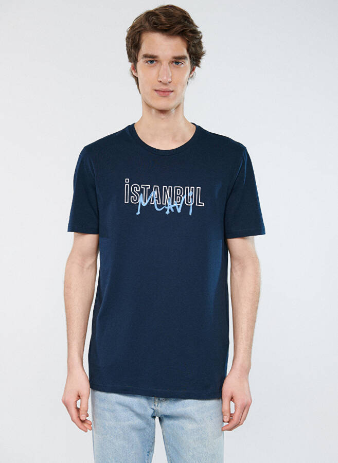 Blue crew neck printed navy blue men's T-shirt - 2