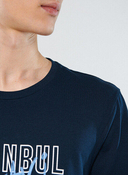 Blue crew neck printed navy blue men's T-shirt - 4