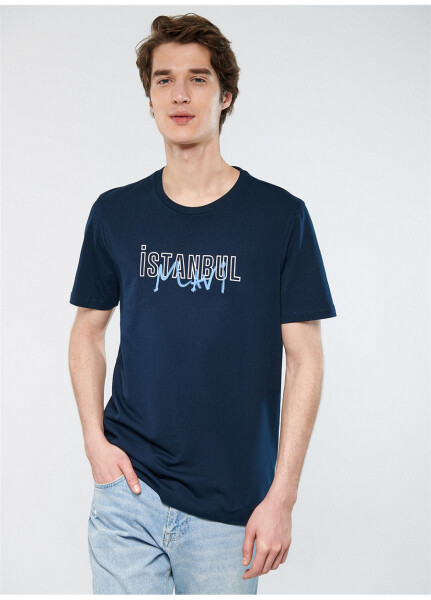 Blue crew neck printed navy blue men's T-shirt - 7