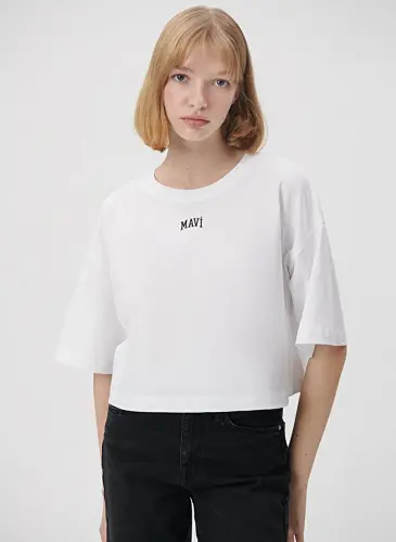 Blue Crew Neck White Women's T-Shirt M1611585-620-ROUND NECK SHORT SLEEVE - MAVI (1)
