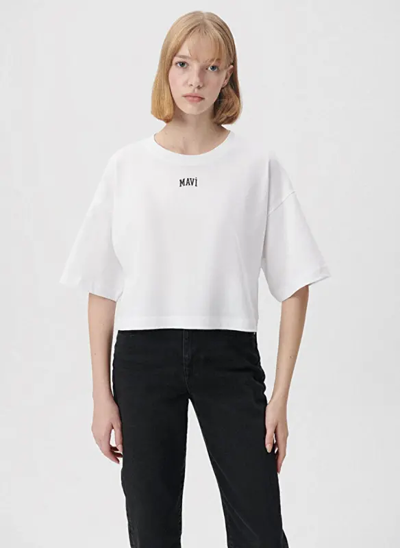 Blue Crew Neck White Women's T-Shirt M1611585-620-ROUND NECK SHORT SLEEVE - 3