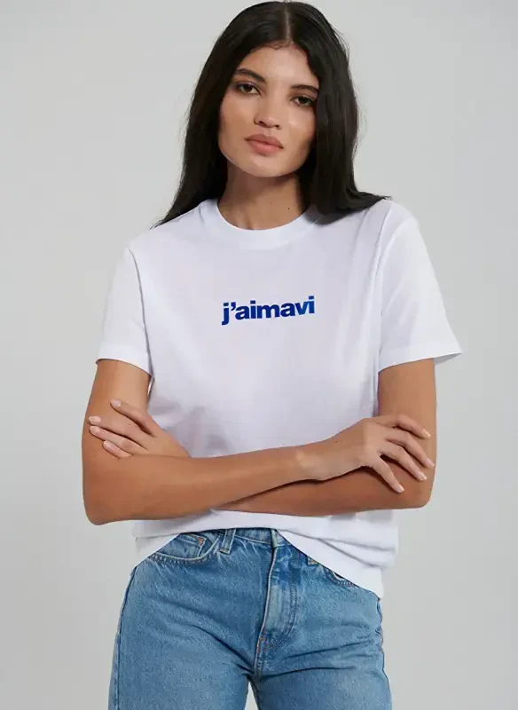 Blue Crew Neck White Women's T-Shirt M1612242-620-BISIKLET YAKA LOGO TIŞ - 1