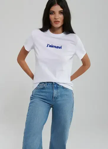 Blue Crew Neck White Women's T-Shirt M1612242-620-BISIKLET YAKA LOGO TIŞ - 3