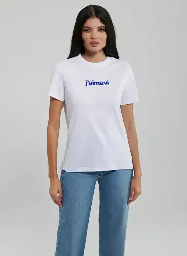 Blue Crew Neck White Women's T-Shirt M1612242-620-BISIKLET YAKA LOGO TIŞ - 4