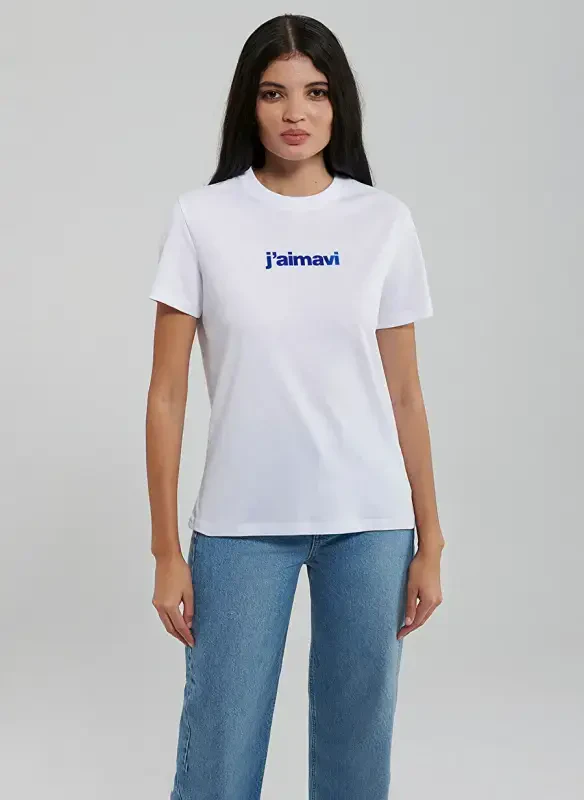 Blue Crew Neck White Women's T-Shirt M1612242-620-BISIKLET YAKA LOGO TIŞ - 4