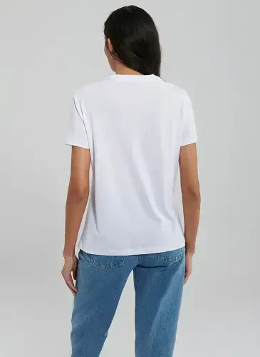 Blue Crew Neck White Women's T-Shirt M1612242-620-BISIKLET YAKA LOGO TIŞ - 5