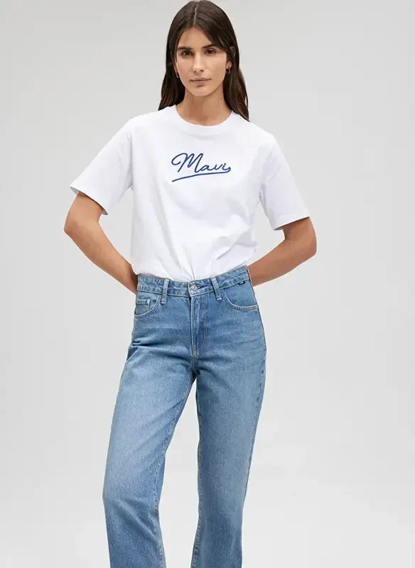Blue Crew Neck White Women's T-Shirt M1612421-620-MAVI JEANS PRINTED T-SHIRT - 1