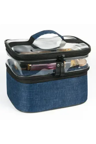 Blue Denim Colored Professional Two Compartment Makeup and Skincare Bag-Blue - JOSEKI (1)