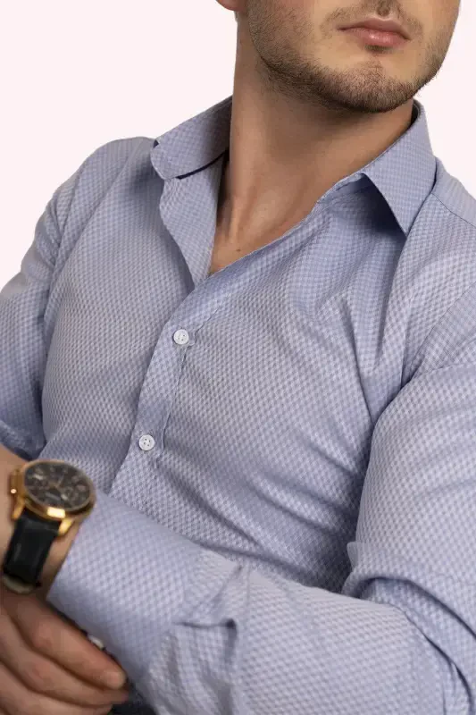 Blue Diamond Pattern Slim Fit Men's Shirt-Blue - 4