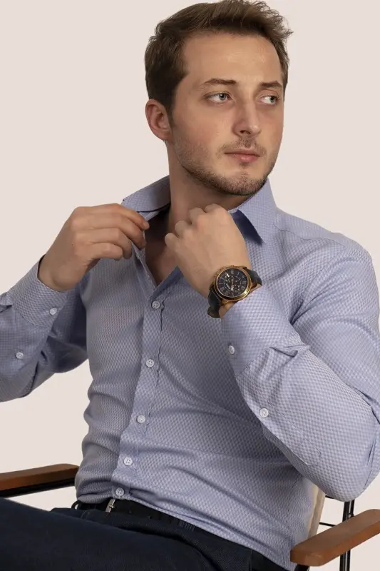 Blue Diamond Pattern Slim Fit Men's Shirt-Blue - 3