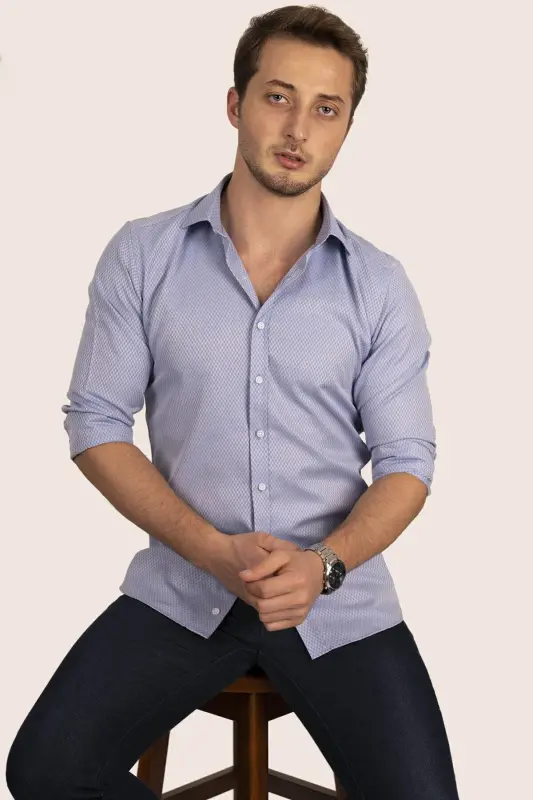 Blue Diamond Pattern Slim Fit Men's Shirt-Blue - 4