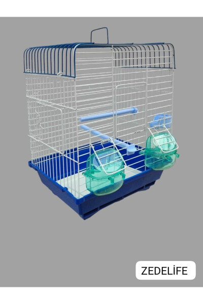 Blue Double Door Cage with Two Feeders and Drawers, Flat Model - 4