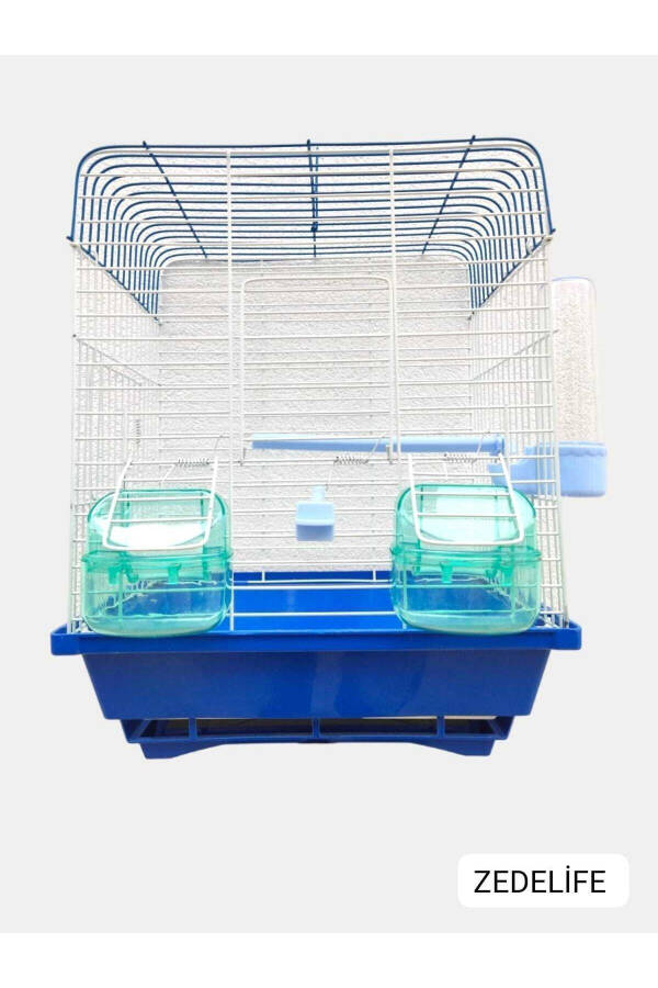 Blue Double Door Cage with Two Feeders and Drawers, Flat Model - 6