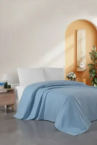 Blue Double Waffle Pique - Suitable Seasonal Bedspread - 200x230cm - 30 Degree Wash-Blue - CEMETEKS (1)