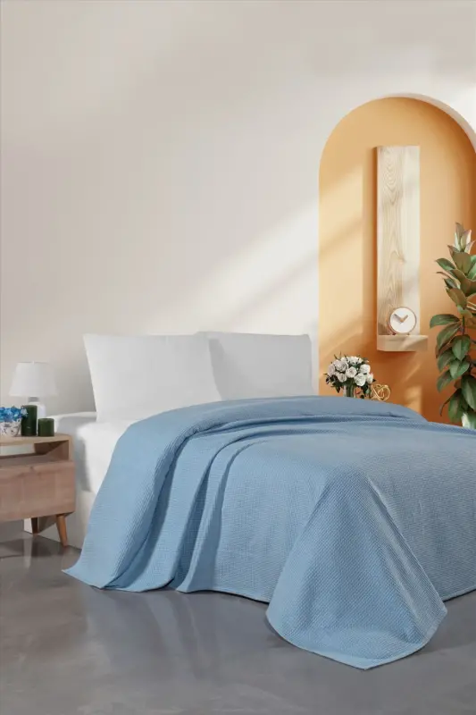 Blue Double Waffle Pique - Suitable Seasonal Bedspread - 200x230cm - 30 Degree Wash-Blue - 2